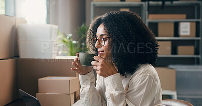 Buy stock photo Woman, coffee and thinking with dropshipping at startup, supply chain and laptop for distribution. Person, computer and reflection with beverage, drink or insight for inventory management at office