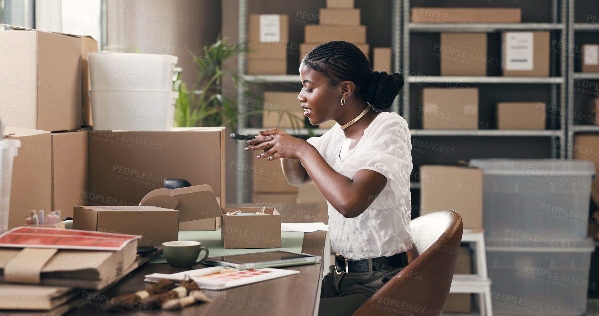 Buy stock photo Ecommerce, box and picture with black woman in warehouse for delivery, distribution and courier. Logistics, supplier startup and product promotion with person for supply chain photography and app