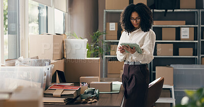 Buy stock photo Ecommerce, shipping and tablet with woman in warehouse for delivery, distribution and courier. Logistics, supplier startup and inventory manager with person for supply chain, online order and cargo