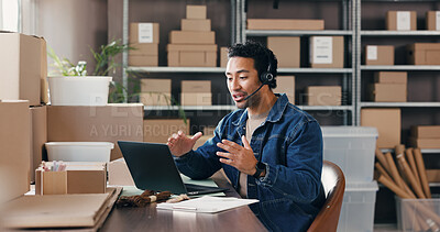 Buy stock photo Headset, logistics and man with laptop for video call, order info or distribution. Shipping, computer and entrepreneur with mic for virtual chat, delivery update or ecommerce feedback in office