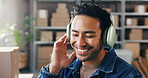 Supply chain, headphones and man with smile, listening to music and sound with podcast. Business owner, entrepreneur or happy person with logistics, distribution or radio with audio tech and song