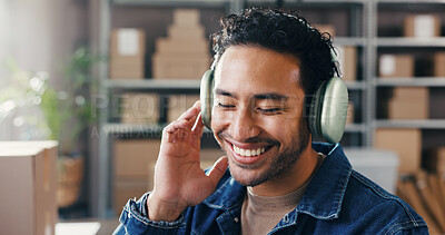 Buy stock photo Supply chain, headphones and man with smile, listening to music and sound with podcast. Business owner, entrepreneur or happy person with logistics, distribution or radio with audio tech and song