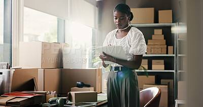Buy stock photo Distribution, clipboard and black woman with planning, writing and logistics with checklist for stock. African person, paperwork and entrepreneur with document, inventory management and supply chain