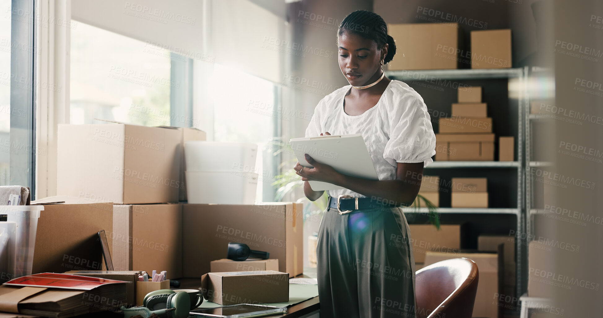 Buy stock photo Distribution, clipboard and black woman with planning, writing and logistics with checklist for stock. African person, paperwork and entrepreneur with document, inventory management and supply chain
