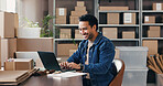 Man, laptop and typing with dropshipping at startup, supply chain and excited for distribution deal. Person, computer and happy with notification, good news or shipping for ecommerce order at company