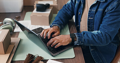 Buy stock photo Ecommerce, man or hands in office with laptop for online order confirmation, shipping email or info. Above, person and typing with computer for customer update, supply chain plan or export logistics.