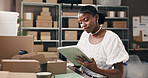 Black woman, tablet and boxes for dropshipping, logistics or supply chain with scroll for distribution schedule. Person, tech and review with package, app or notes for inventory management at startup