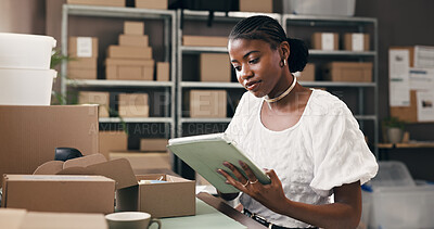 Buy stock photo Black woman, tablet and boxes for dropshipping, logistics or supply chain with scroll for distribution schedule. Person, tech and review with package, app or notes for inventory management at startup