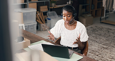 Buy stock photo Headset, logistics and woman with laptop for video call, customer support and order info. Shipping, computer and African person with help, supply chain assistance or delivery feedback in office