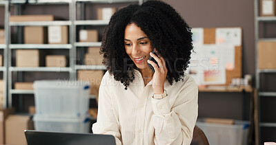 Buy stock photo Phone call, laptop and ecommerce with woman in warehouse for supplier, inventory manager and contact. Delivery confirmation, shipping help desk and courier advisor with person for distribution faq