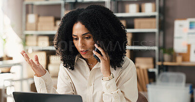 Buy stock photo Phone call, laptop and worry with woman in warehouse for supplier, cancel shipment and contact. Late delivery, shipping help desk and courier advisor with frustrated person for distribution faq