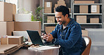 Man, phone and texting with dropshipping, logistics and smile for distribution deal at office. Person, smartphone and review with supply chain, laptop or happy for inventory management at startup