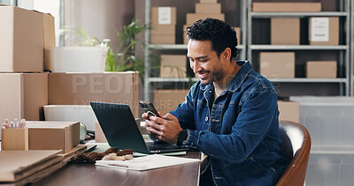 Buy stock photo Man, phone and texting with dropshipping, logistics and smile for distribution deal at office. Person, smartphone and review with supply chain, laptop or happy for inventory management at startup
