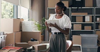 Buy stock photo Supply chain, clipboard and black woman in office, writing and  planning with checklist for stock. African person, import and distribution with documents, inventory management and schedule for export
