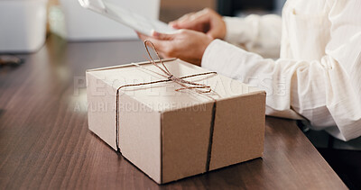 Buy stock photo Shipping, small business and box in office with hands, delivery schedule or inventory checklist. Package, parcel and person with clipboard for distribution, stock or supply chain document for order