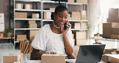 Buy stock photo Startup, phone call and woman with laptop, distribution or communication with supplier for ecommerce. Logistics, entrepreneur and black person with mobile for supply chain, talk and order on website