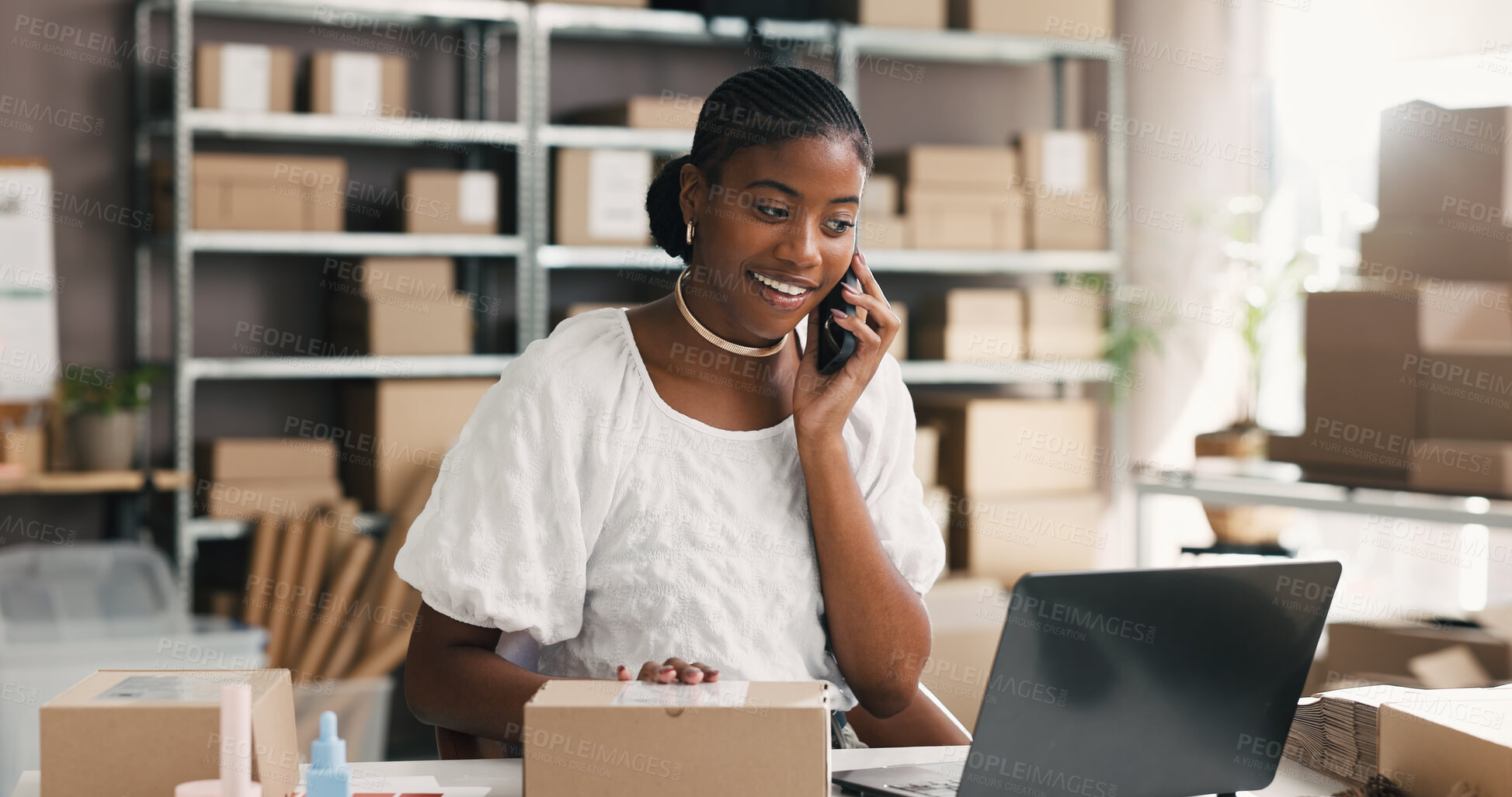 Buy stock photo Startup, phone call and woman with laptop, distribution or communication with supplier for ecommerce. Logistics, entrepreneur and black person with mobile for supply chain, talk and order on website