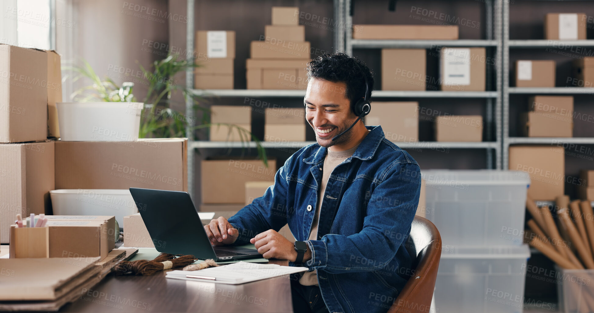 Buy stock photo Headset, distribution and man in office with laptop for customer support, order info and shipping. Logistics, computer and happy worker with mic for small business, ecommerce feedback and help