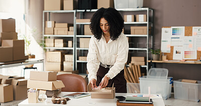 Buy stock photo Woman, packing and logistics with box for delivery, small business distribution or online order. Female person, entrepreneur or preparation with parcel for courier service, shipping or packaging