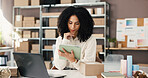 Woman, tablet and reading in small business for logistics, supply chain or distribution. Entrepreneur, supplier and boxes in storage for export, startup growth or stock inventory for ecommerce