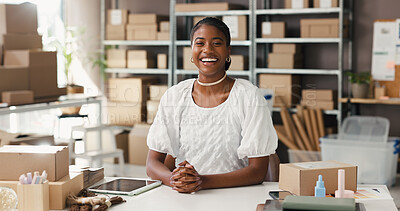 Buy stock photo Black woman, smile and portrait in small business for distribution, supply chain or ecommerce. Entrepreneur, supplier and boxes in storage for export, startup growth or stock inventory for logistics