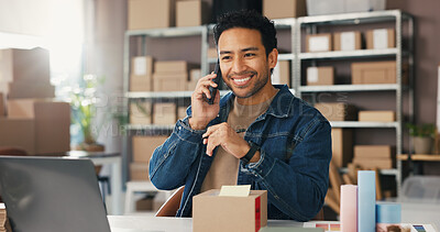 Buy stock photo Phone call, box and ecommerce with man in warehouse for supplier, inventory manager and contact. Delivery confirmation, shipping help desk and courier advisor with person for distribution faq