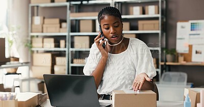 Buy stock photo Small business, woman and phone call with package in logistics for shipping, delivery and update. Ecommerce, black person and speaking to client in warehouse for parcel distribution and supply chain