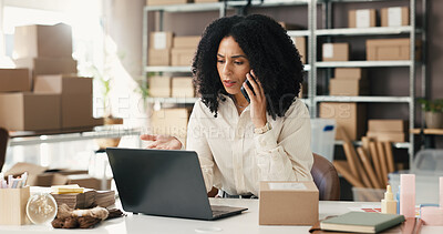 Buy stock photo Phone call, laptop and confused with woman in warehouse for supplier, cancel shipment and contact. Late delivery, shipping help desk and courier advisor with frustrated person for distribution faq