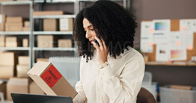 Buy stock photo Phone call, box and ecommerce with woman in warehouse for supplier, fragile cargo and contact. Delivery confirmation, shipping help desk and courier advisor with person for distribution faq and order