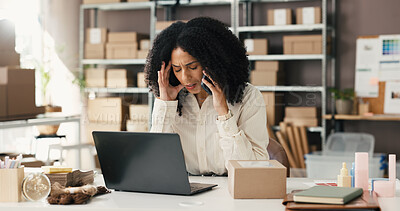 Buy stock photo Laptop, woman or phone call with stress in logistics for supplier delay, delivery mistake or crisis. Ecommerce, small business owner and speaking to client for lost package, shipping error and worry