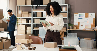 Buy stock photo Woman, reading and tablet at startup ecommerce with skincare product, online order and delivery. Team, digital and check inventory for cosmetics, supply chain and quality assurance for distribution

