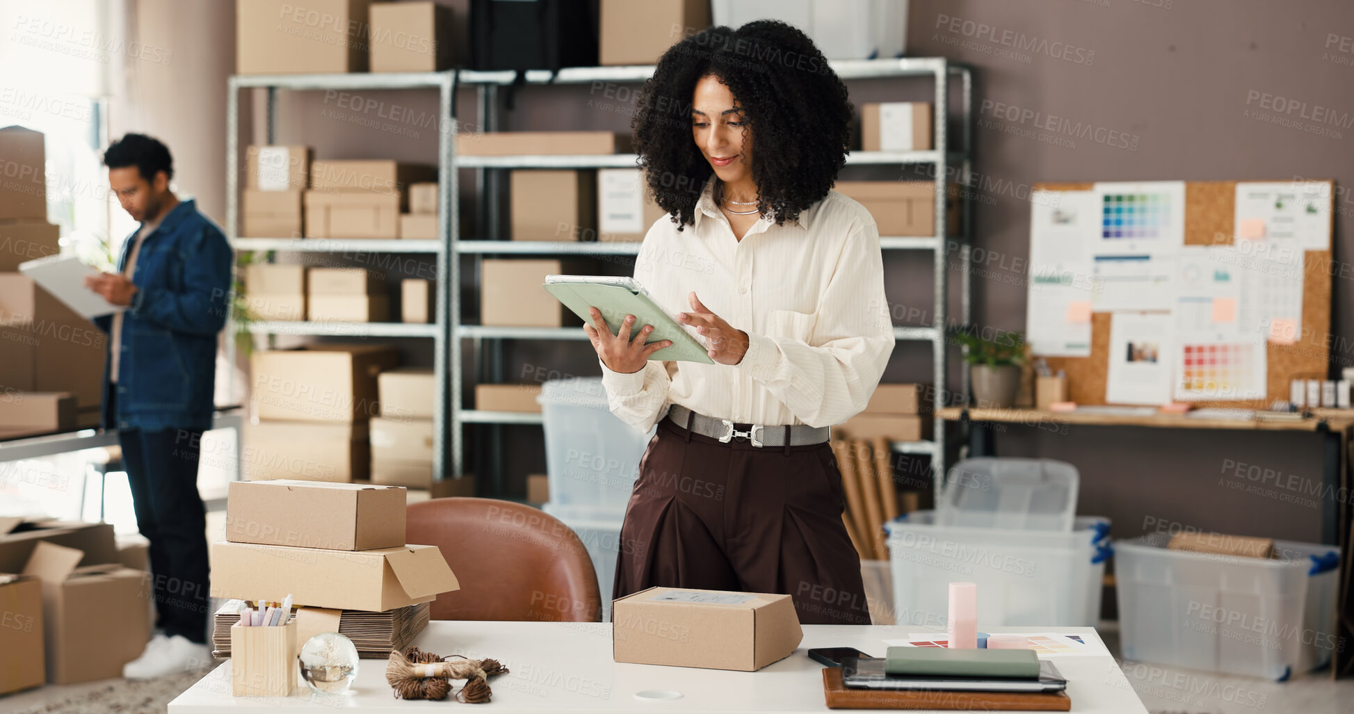 Buy stock photo Woman, reading and tablet at startup ecommerce with skincare product, online order and delivery. Team, digital and check inventory for cosmetics, supply chain and quality assurance for distribution

