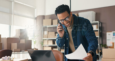 Buy stock photo Phone call, distribution and man with laptop, smile and documents for inventory. Person, business owner and entrepreneur with cellphone, supply chain and pc with paperwork, logistics and shipping