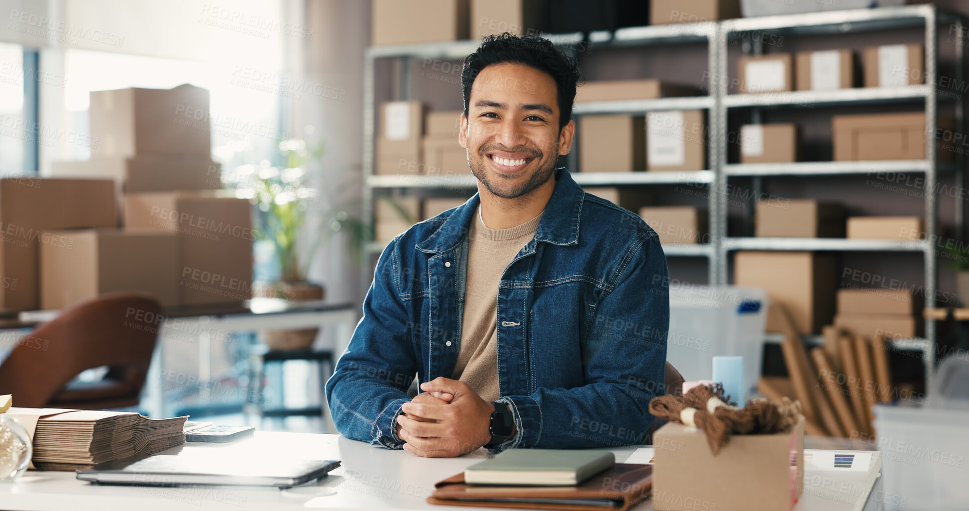 Buy stock photo Man, smile and portrait in small business for logistics, supply chain or distribution. Entrepreneur, supplier and order boxes in storage for export, startup growth or stock inventory for ecommerce