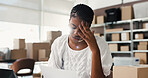 Startup, stress and woman with paperwork, logistics and headache for financial crisis and inventory. Entrepreneur, anxiety and black person with migraine for shipping cost, mistake and documents