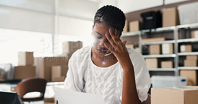 Buy stock photo Startup, stress and woman with paperwork, logistics and headache for financial crisis and inventory. Entrepreneur, anxiety and black person with migraine for shipping cost, mistake and documents