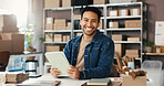 Man, tablet and portrait in small business for logistics, supply chain or distribution. Entrepreneur, supplier and order boxes in storage for export, startup growth or stock inventory for ecommerce