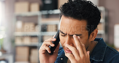 Buy stock photo Logistics, man or phone call with stress in warehouse for delivery mistake, lost package or crisis. Frustrated, small business owner and speaking to client for shipping delay, wrong order and worry