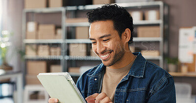 Buy stock photo Happy, man and tablet with logistics of ecommerce for inventory, online order and delivery. Male person, digital and check stock for shipping, supply chain and customer information for distribution