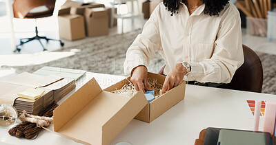 Buy stock photo Woman, hands and packing with box for small business distribution, online order or packaging. Female person, entrepreneur or preparation with parcel for courier service, logistics or safe delivery