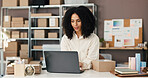 African woman, laptop and startup ecommerce with skincare product, online order and delivery. Female person, pc and check inventory for cosmetics, supply chain and quality assurance for distribution