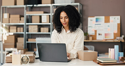 Buy stock photo African woman, laptop and startup ecommerce with skincare product, online order and delivery. Female person, pc and check inventory for cosmetics, supply chain and quality assurance for distribution