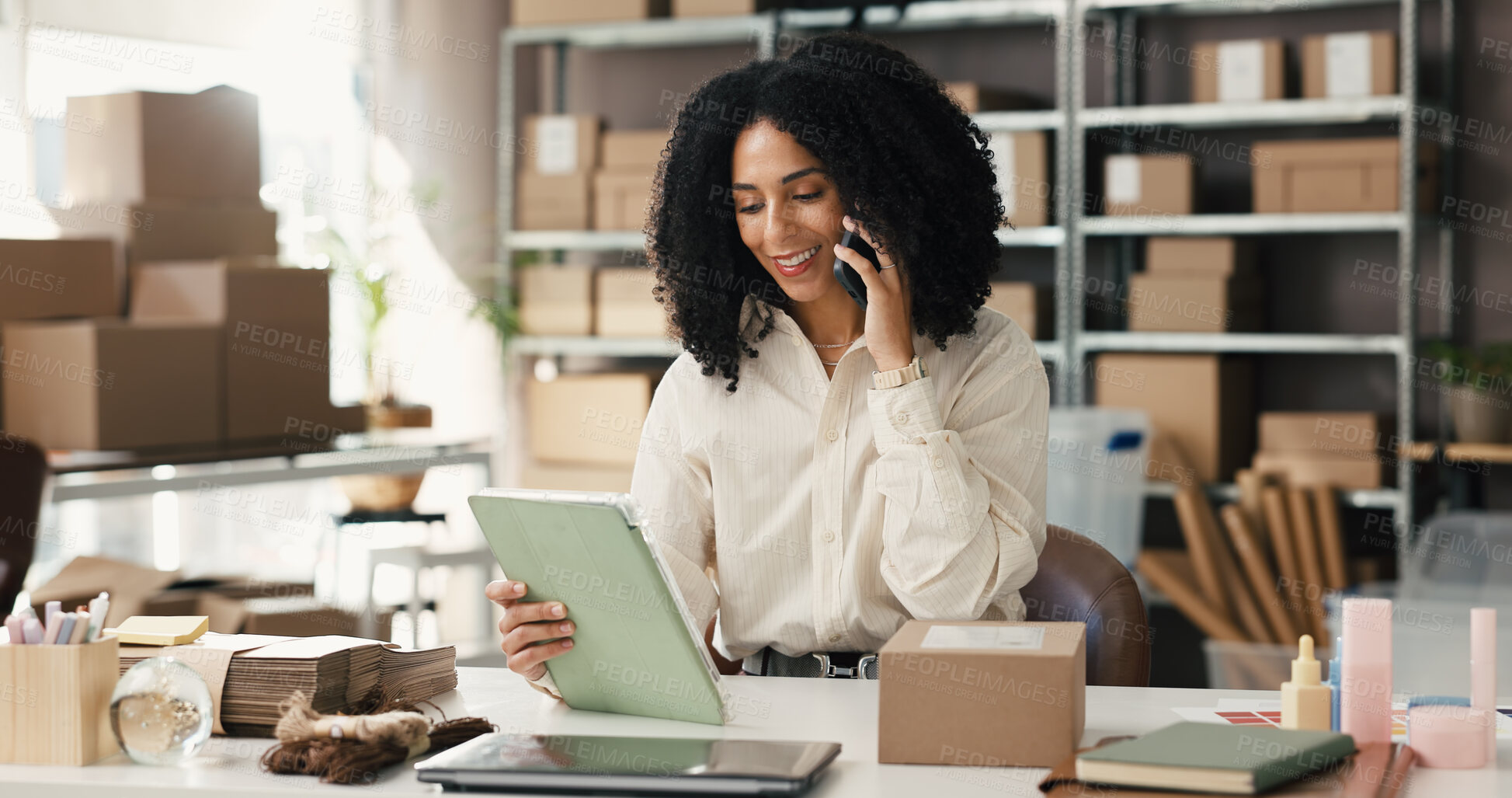 Buy stock photo Phone call, tablet and ecommerce with woman in warehouse for supplier, inventory manager and contact. Delivery confirmation, shipping help desk and courier advisor with person for distribution faq