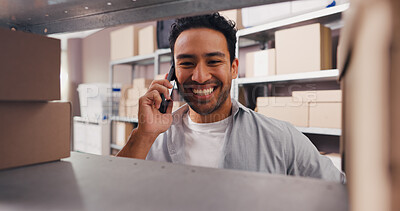 Buy stock photo Smile, man and phone call for logistics in warehouse for inspection, contact supplier and schedule. Male person, boxes and mobile for discussion, quality assurance and order inquiry for distribution