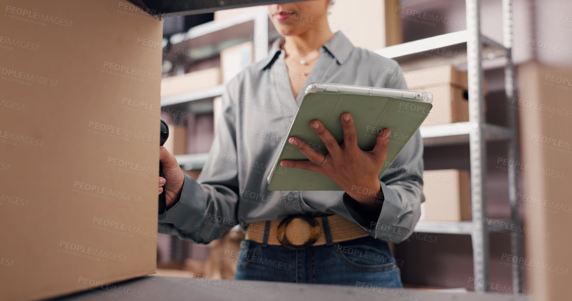 Buy stock photo Scanner, tablet and hands of woman in office with logistics, ecommerce or distribution for online order. Equipment, digital technology and female entrepreneur with information for delivery with boxes