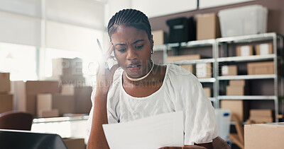 Buy stock photo Woman, documents and stress for dropshipping, logistics or thinking with distribution mistake in office. African person, paperwork and admin with supply chain, invoice and frustrated at startup