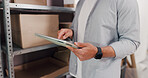 Ecommerce, tablet and shelf with hands in warehouse for inspection, shipping and supply chain. Online order, quality assurance and inventory management with person for cargo and distribution