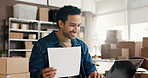 Businessman, logistics or laptop with invoice for delivery checklist, inventory or stock in store. Happy man, distributor or supplier with paperwork or smile for startup or small business finance
