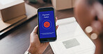 Hand, payment failed and phone screen with person in office for ecommerce or transaction. Bankruptcy, debt and small business with employee in workplace for online banking, issue or transfer problems