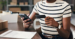 Credit card, phone and hands of woman in office with documents for company expense on app. Debit, finance and entrepreneur with cellphone for online shopping with workplace supplies for startup.